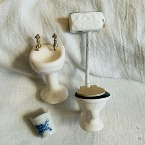 Porcelain Doll House Bathroom Sink Toilet Watering Can Miniatures